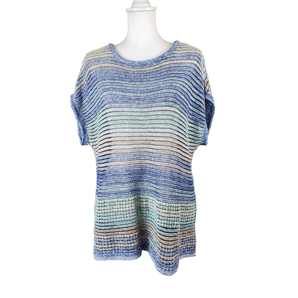 J. Jill Striped Knit Sweater Top Womens Petite Large Blue Green Cream Relaxed